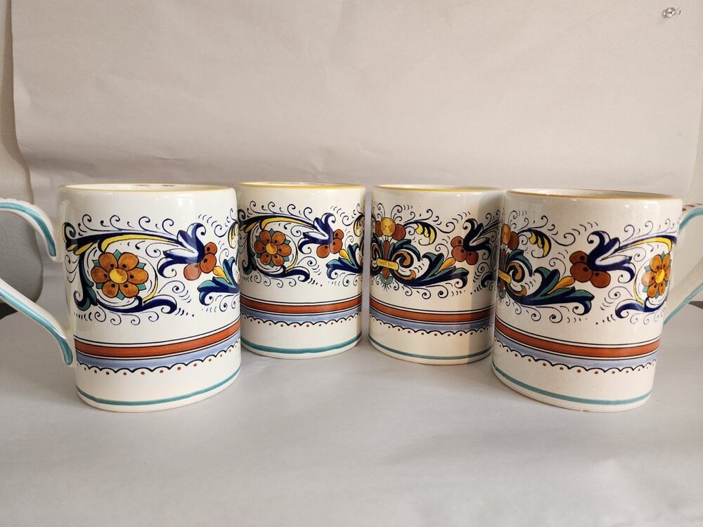 Ceramica Nova Deruta Italy Set of 4 Mugs Hand Painted Decal Majolica Floral...